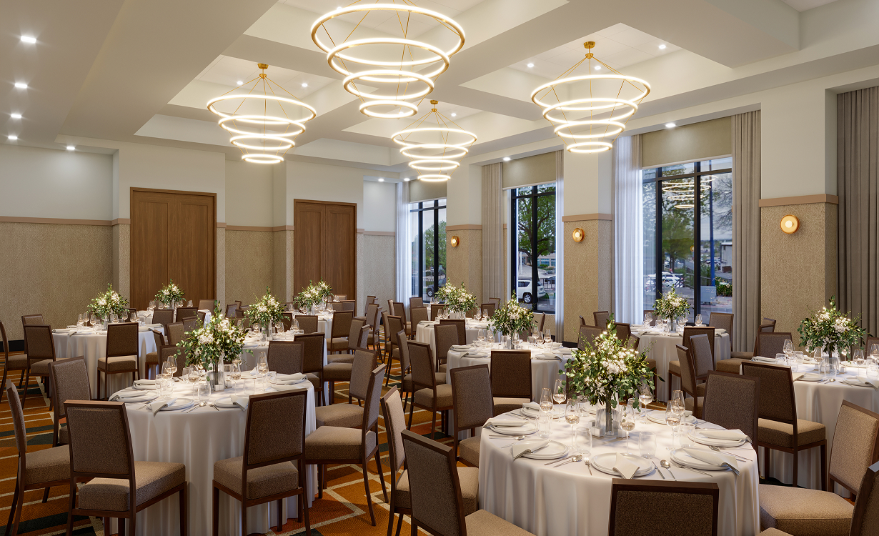 a room with tables and chairs
