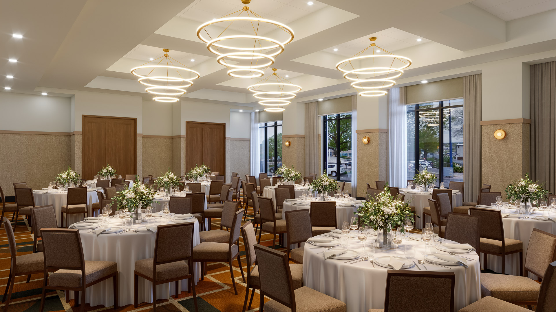 a room with tables and chairs