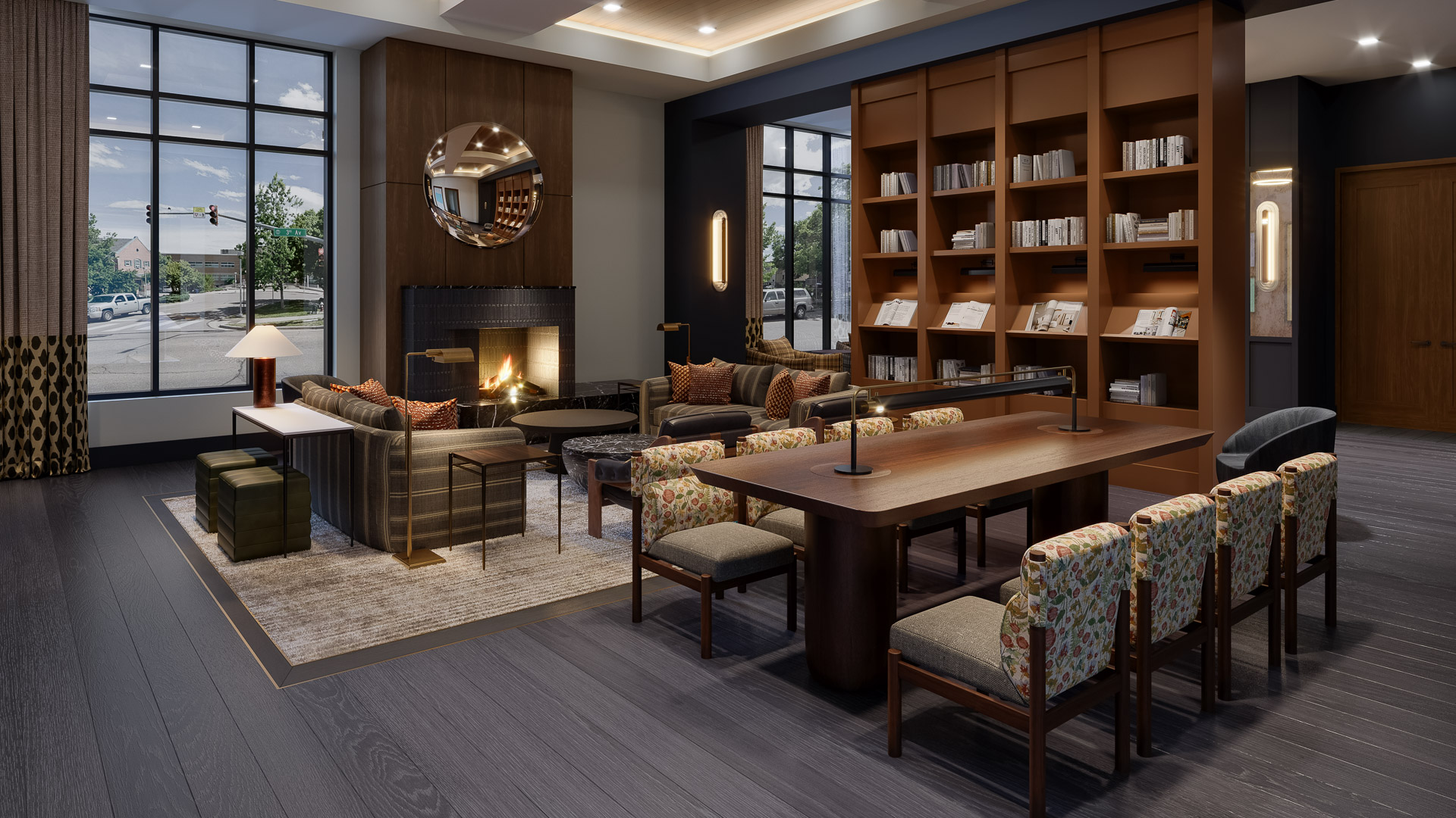 a room with a fireplace and a table