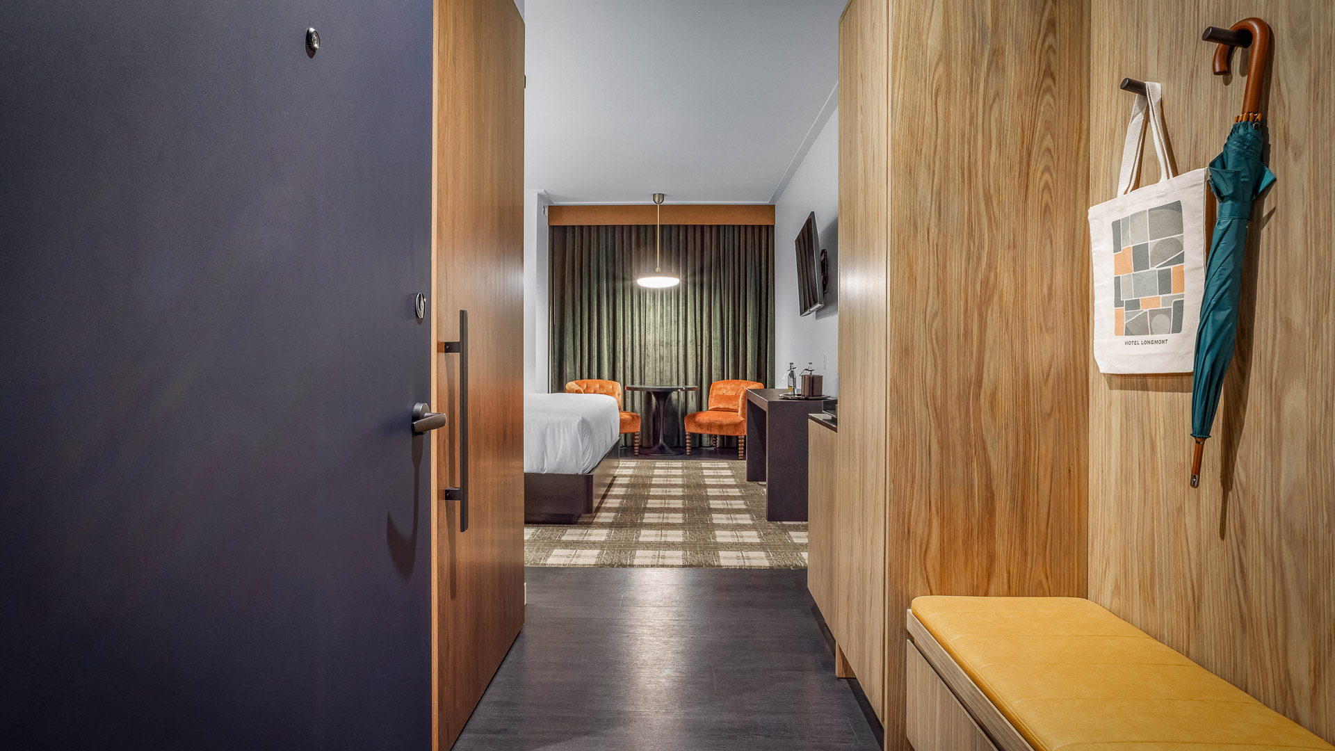 a room with a bed and a table