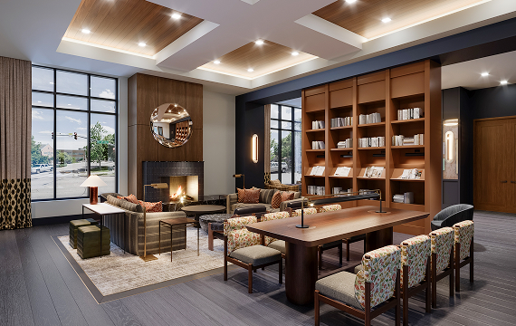 a room with a fireplace and a table