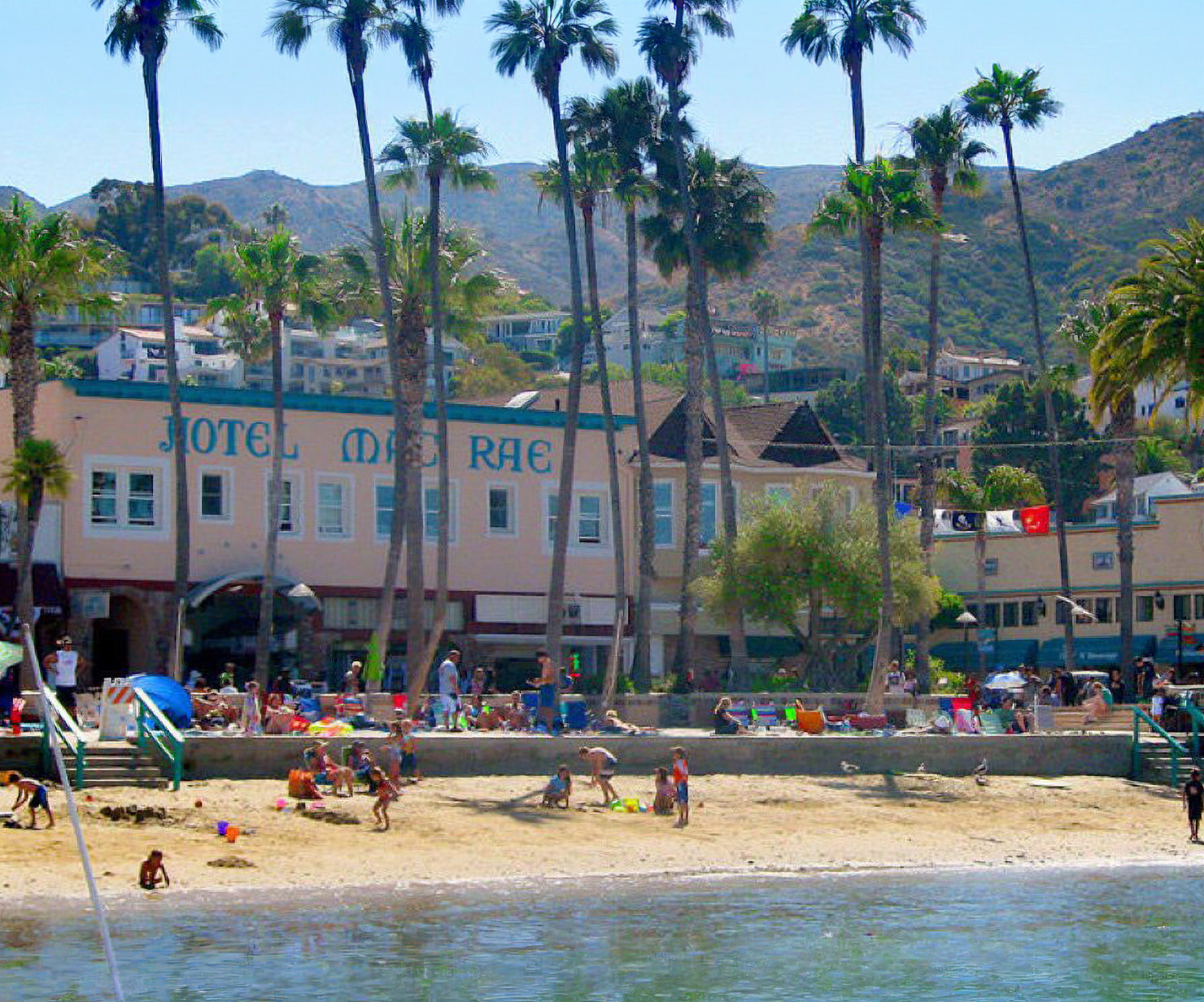 a beach with palm trees and buildings