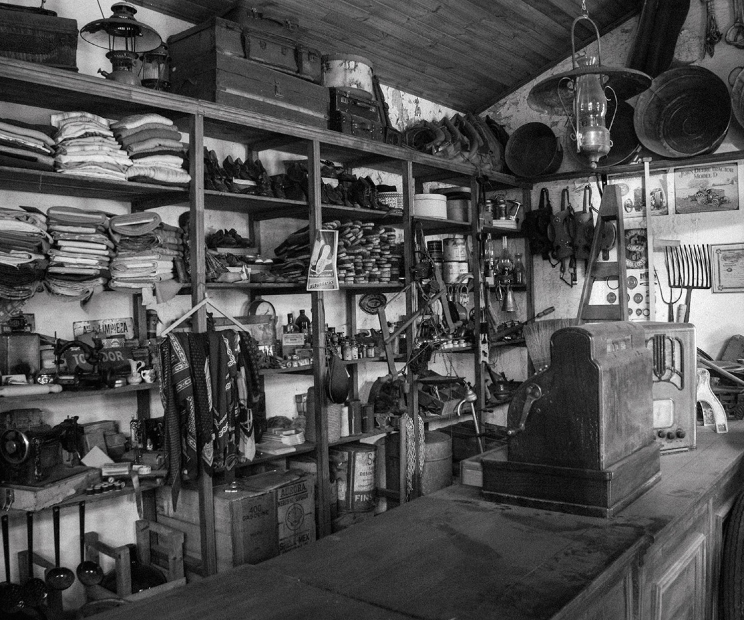a room with shelves full of items