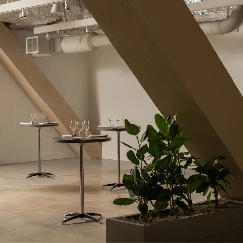 event room with tall tables and plants