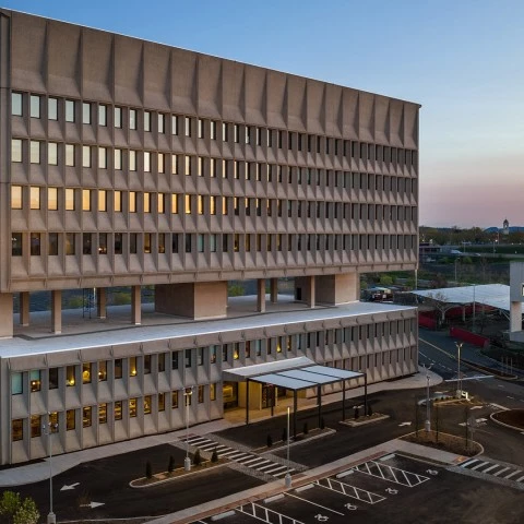 a building with a parking lot