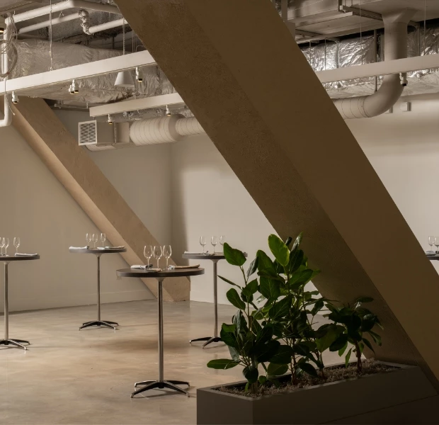 a room with tables and plants
