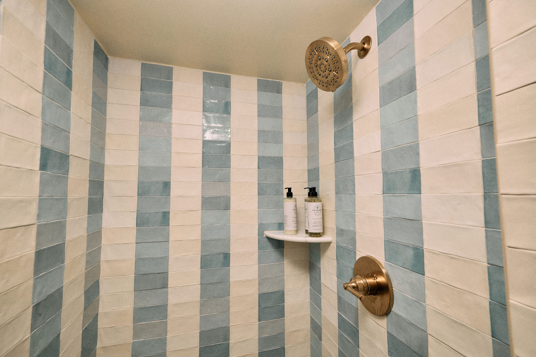 a shower with a shower head and shower head