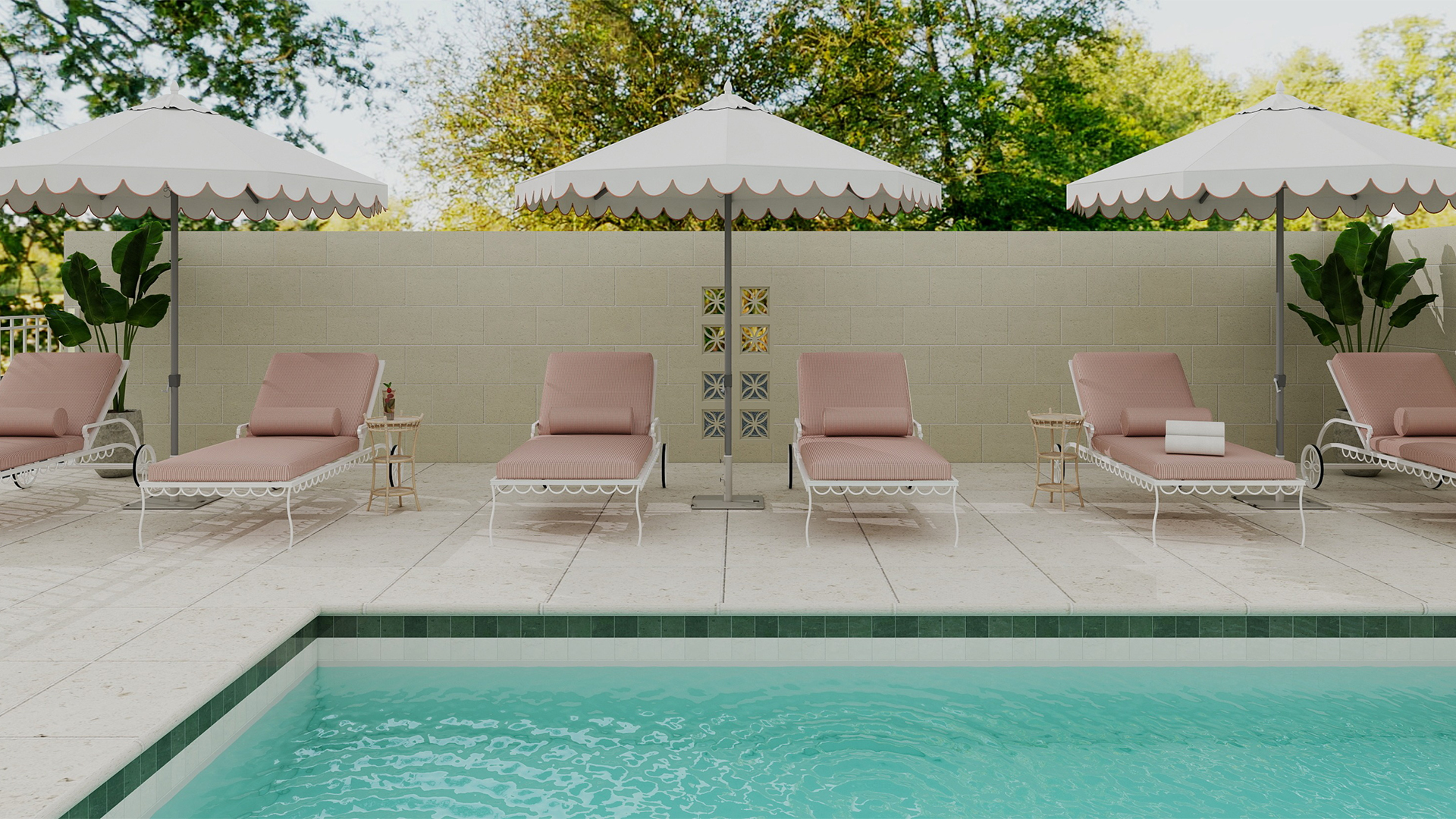 a pool with chairs and umbrellas