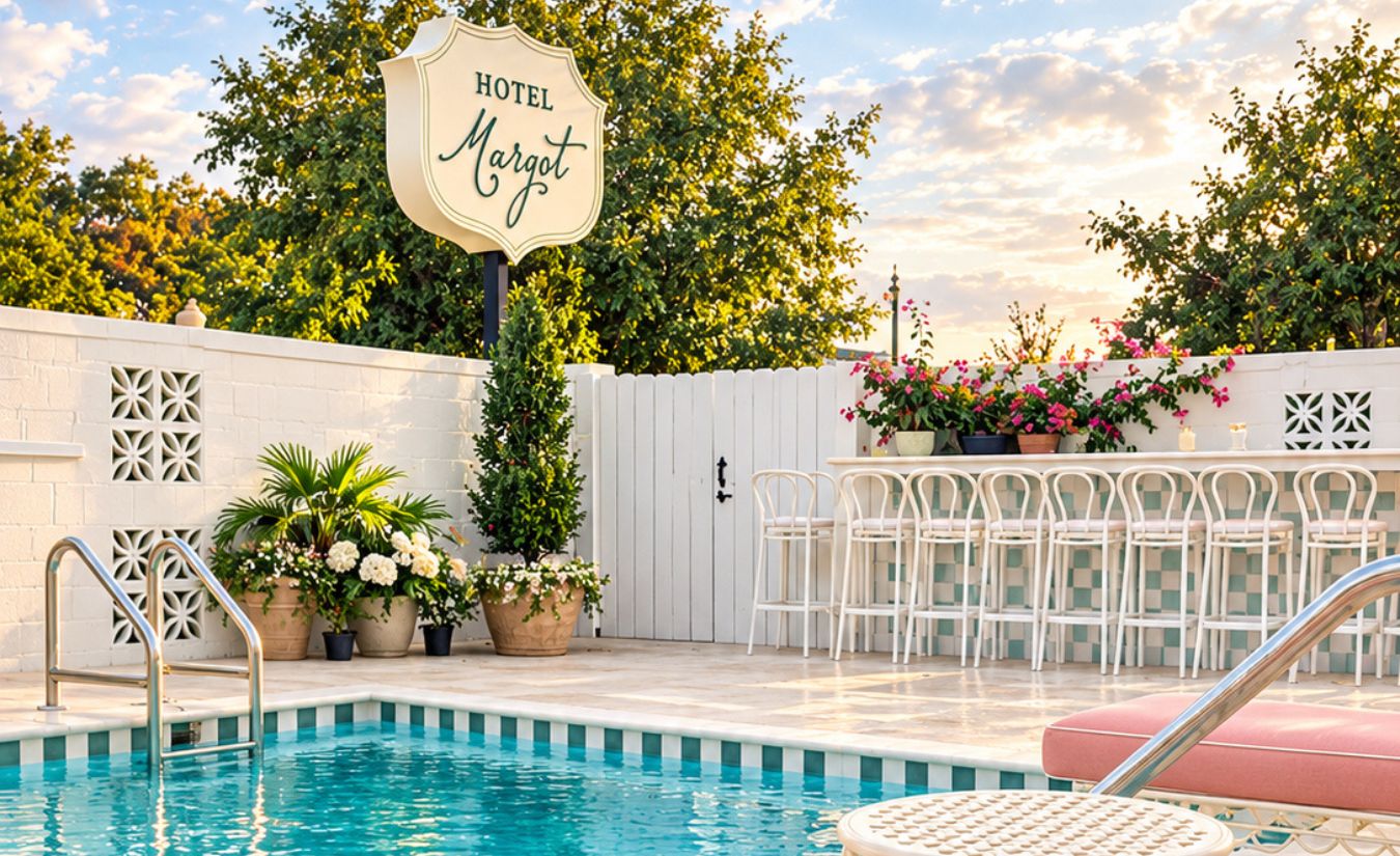 a pool with chairs and a sign