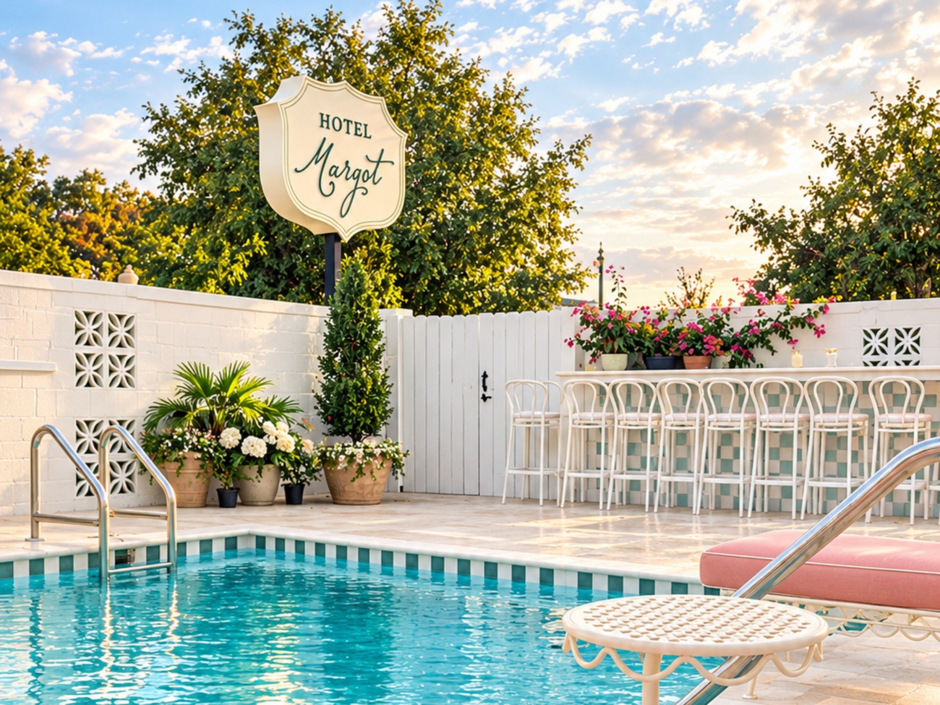 a pool with chairs and a sign