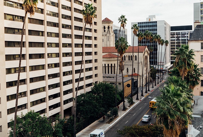 A city street with tall buildings and palm trees