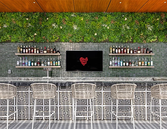 a bar with a tv and shelves of liquor