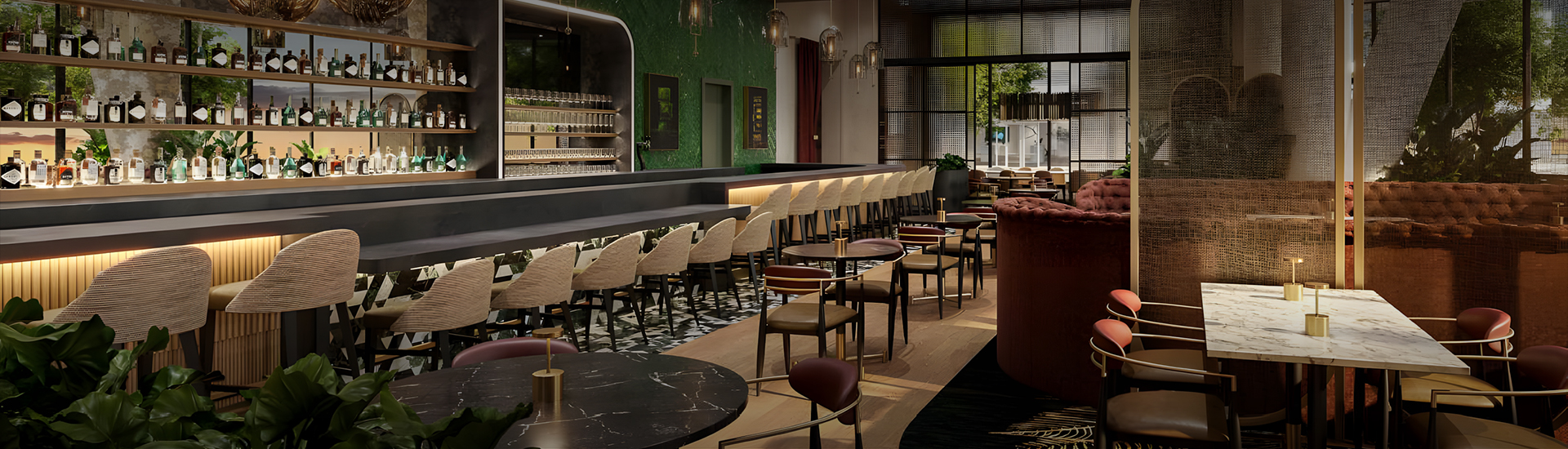 a room with tables and chairs