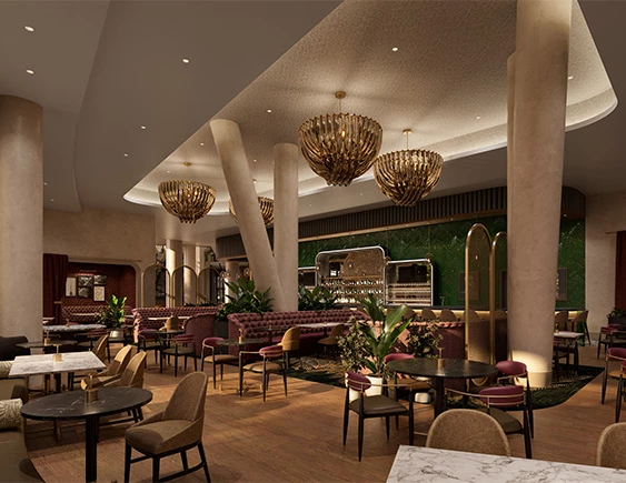 a room with tables and chairs