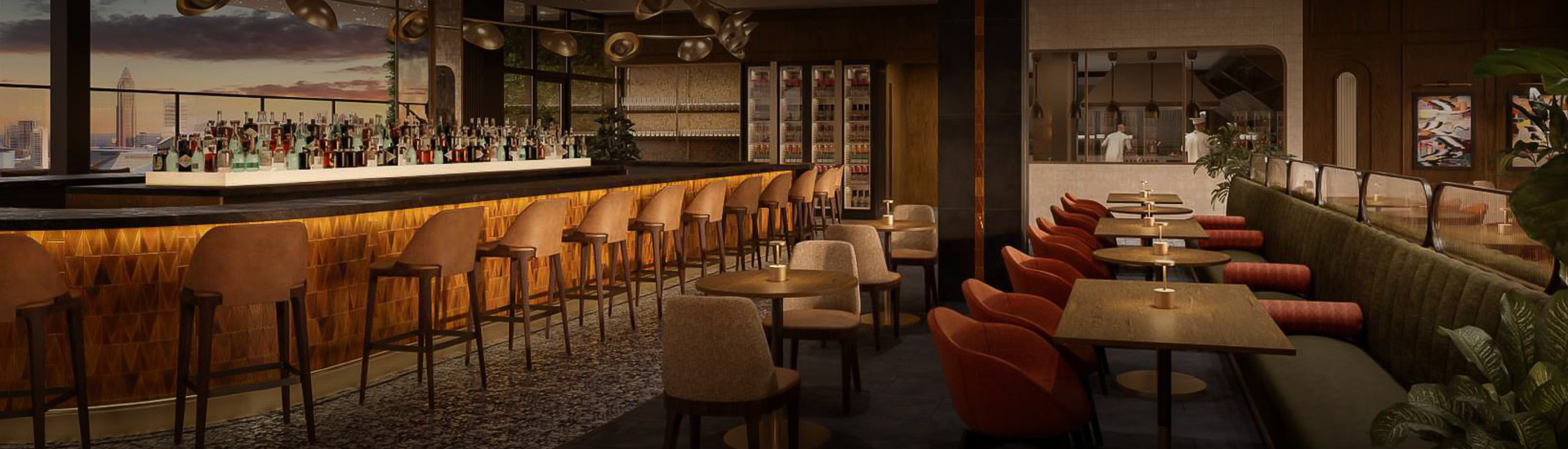 a bar with chairs and tables