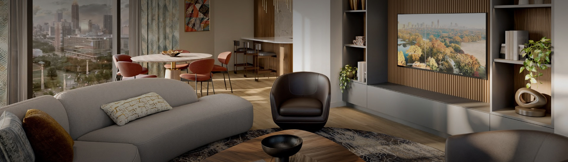 a living room with a round table and chairs