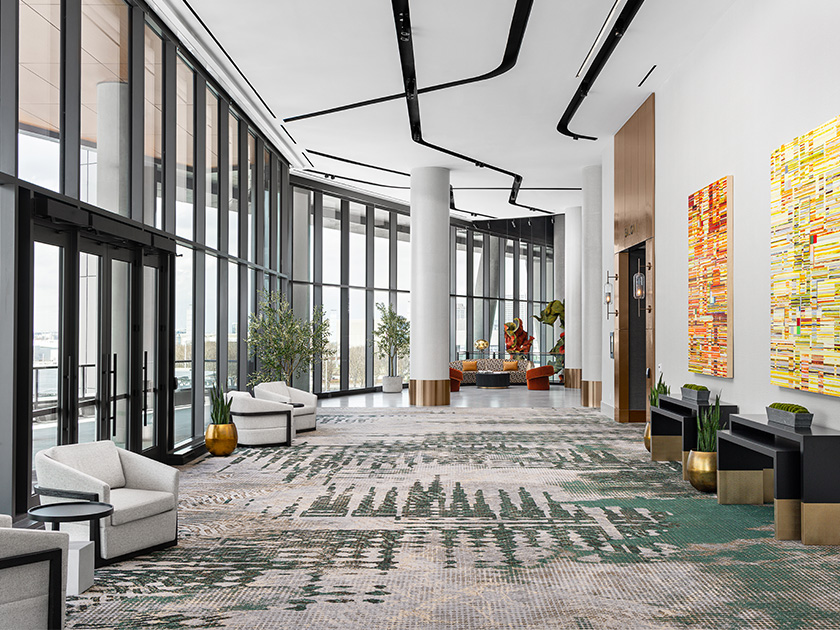 a large room with a large glass wall and a large window