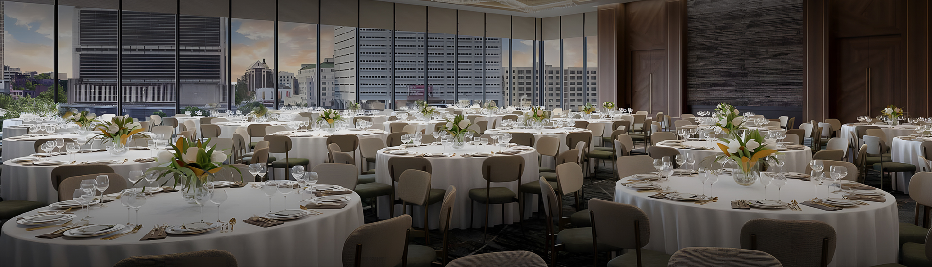 a large room with tables and chairs