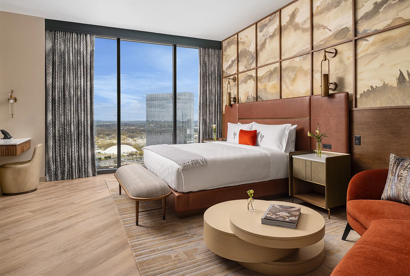 a room with a bed and a table