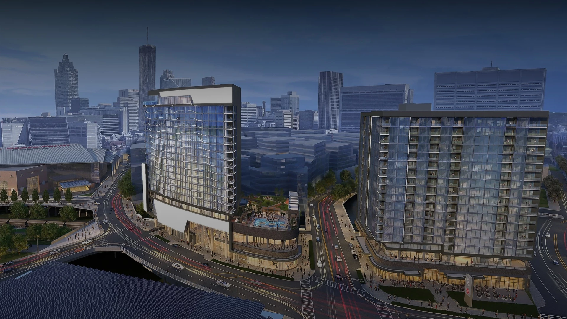 a city with a large building