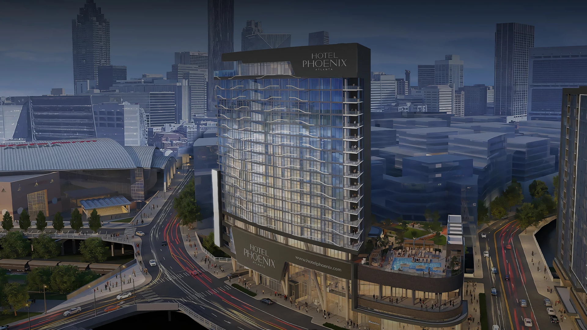 a building with a glass wall and a street in the middle