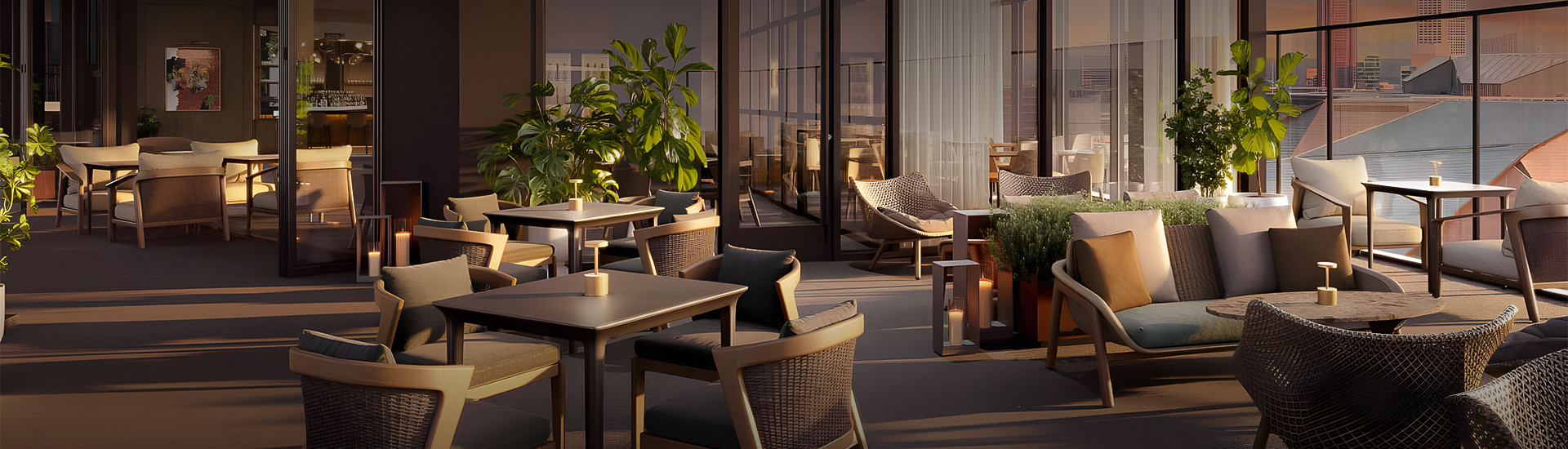 a patio with chairs and tables