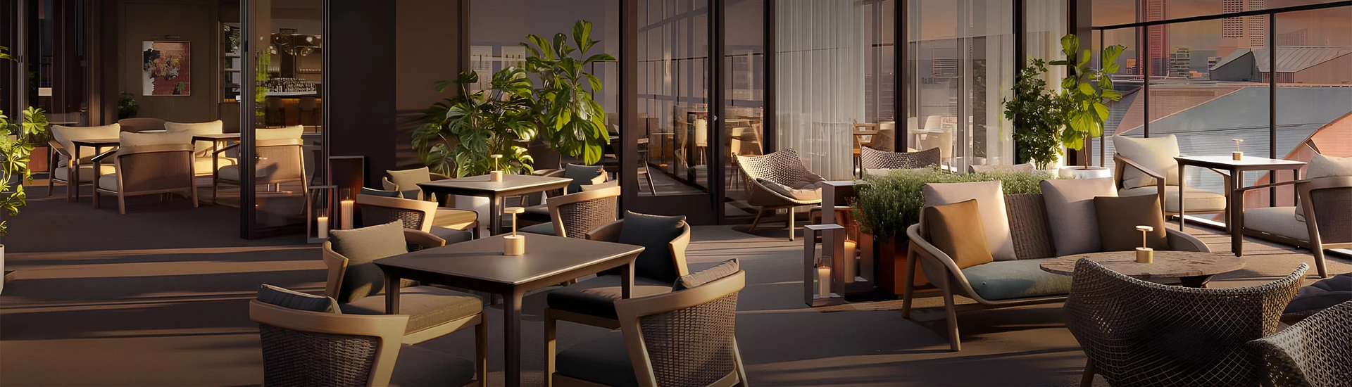 a patio with chairs and tables