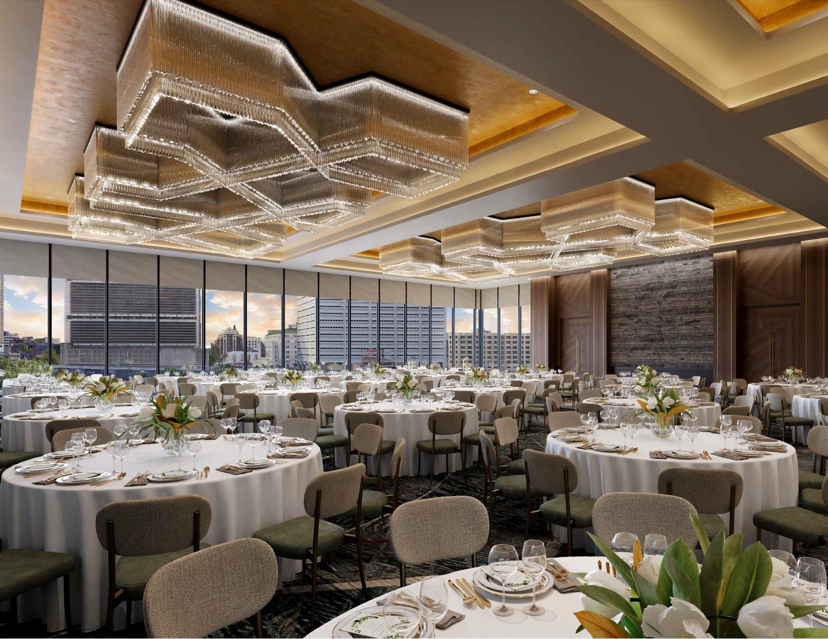 a large room with tables and chairs