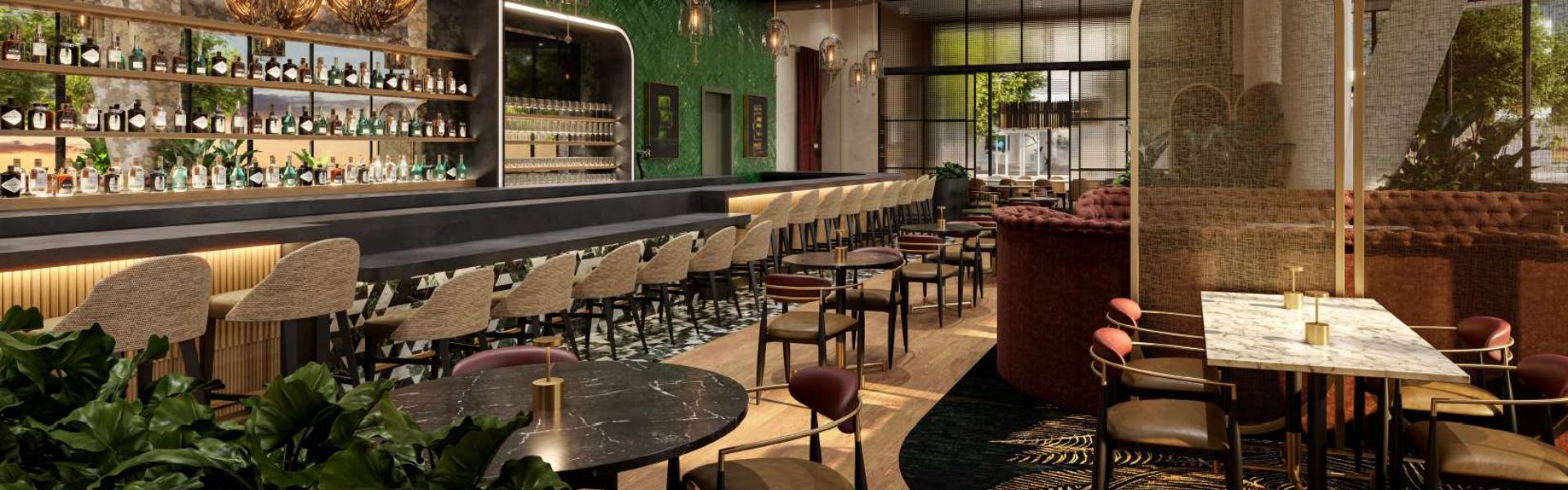 a bar with chairs and tables