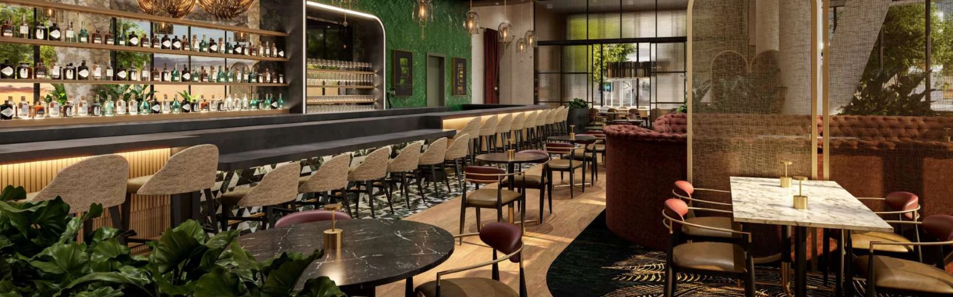 a bar with chairs and tables