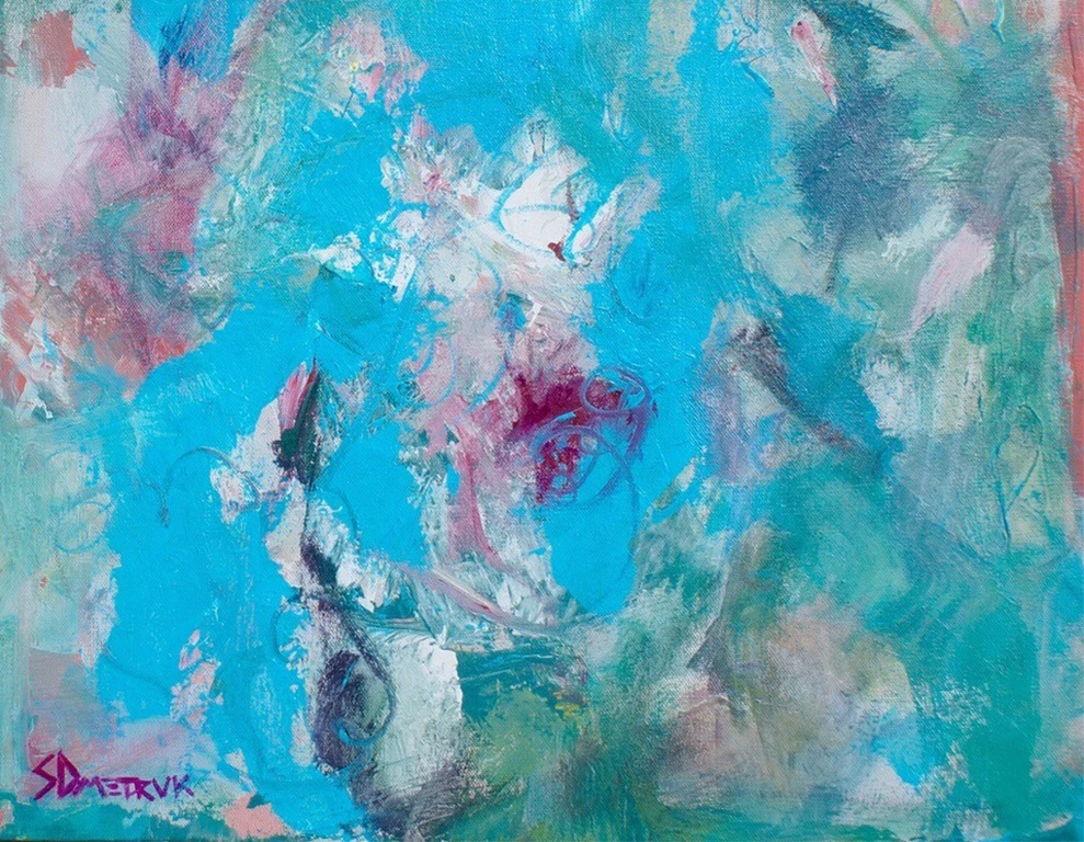a painting of a blue and pink color