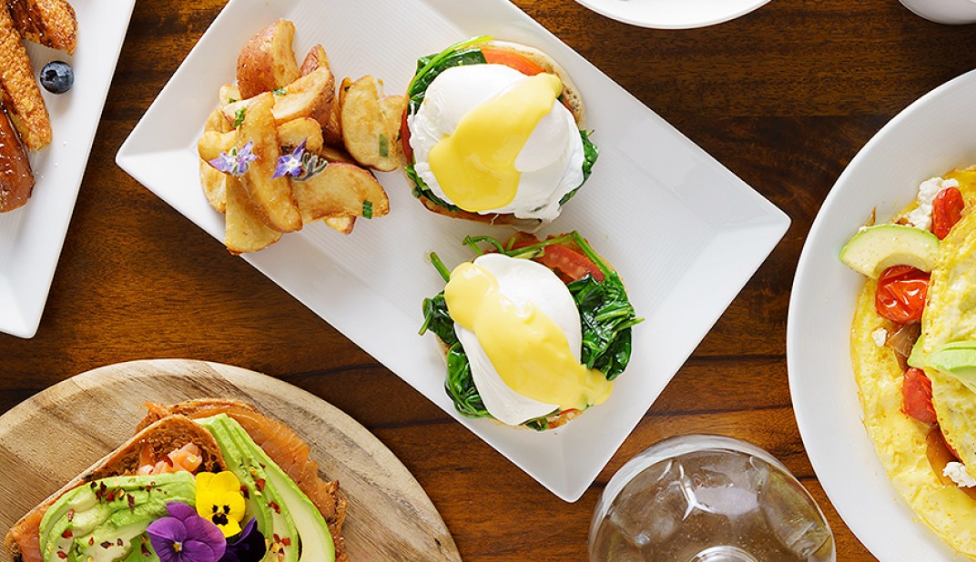 overhead shot of omelettes and eggs benedict