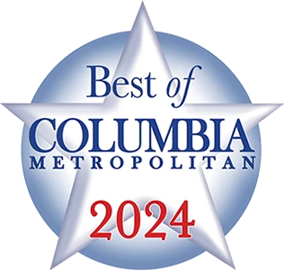 a white star with red text