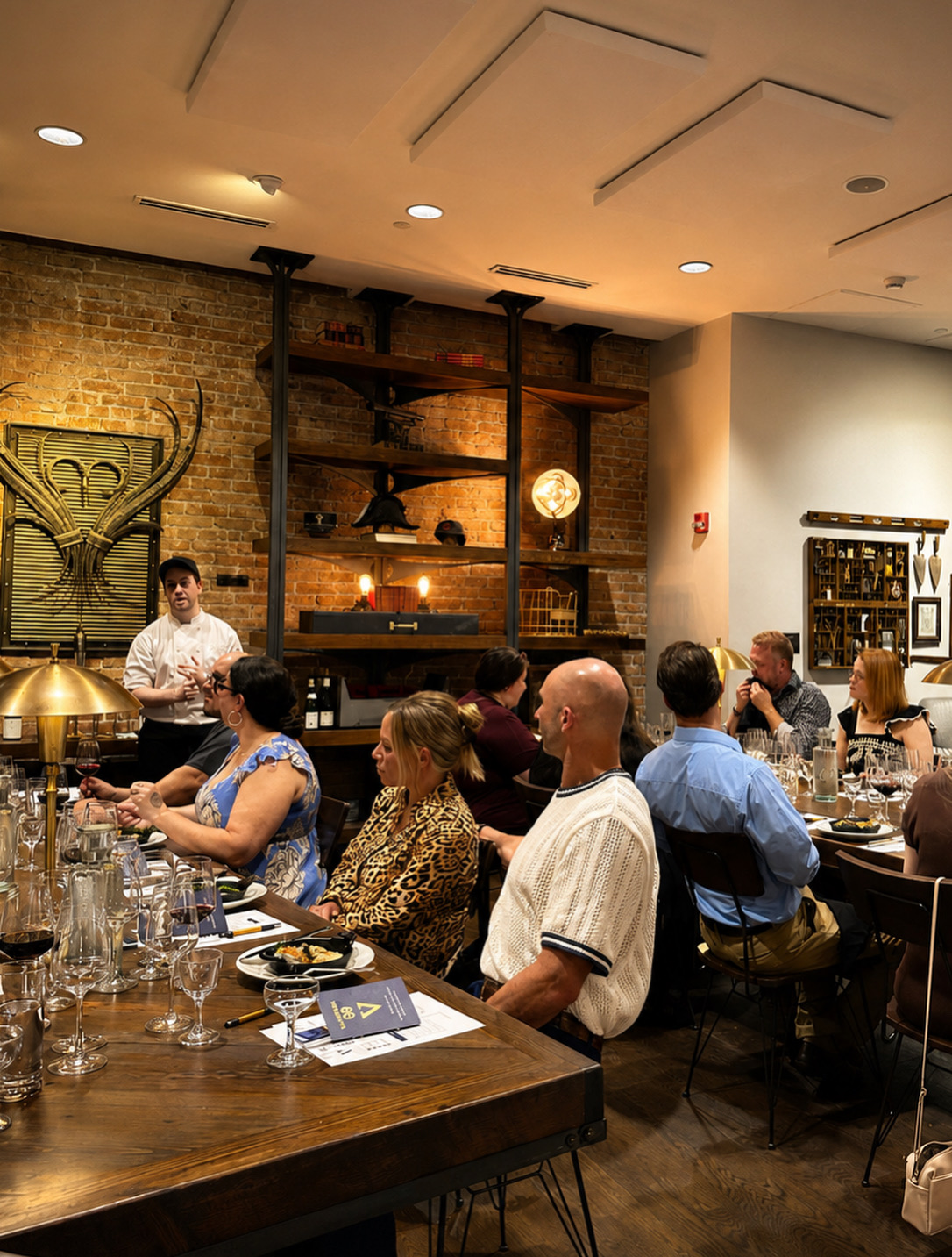 a group of people sitting at tables in a restaurant