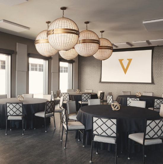 a room with round tables and chairs