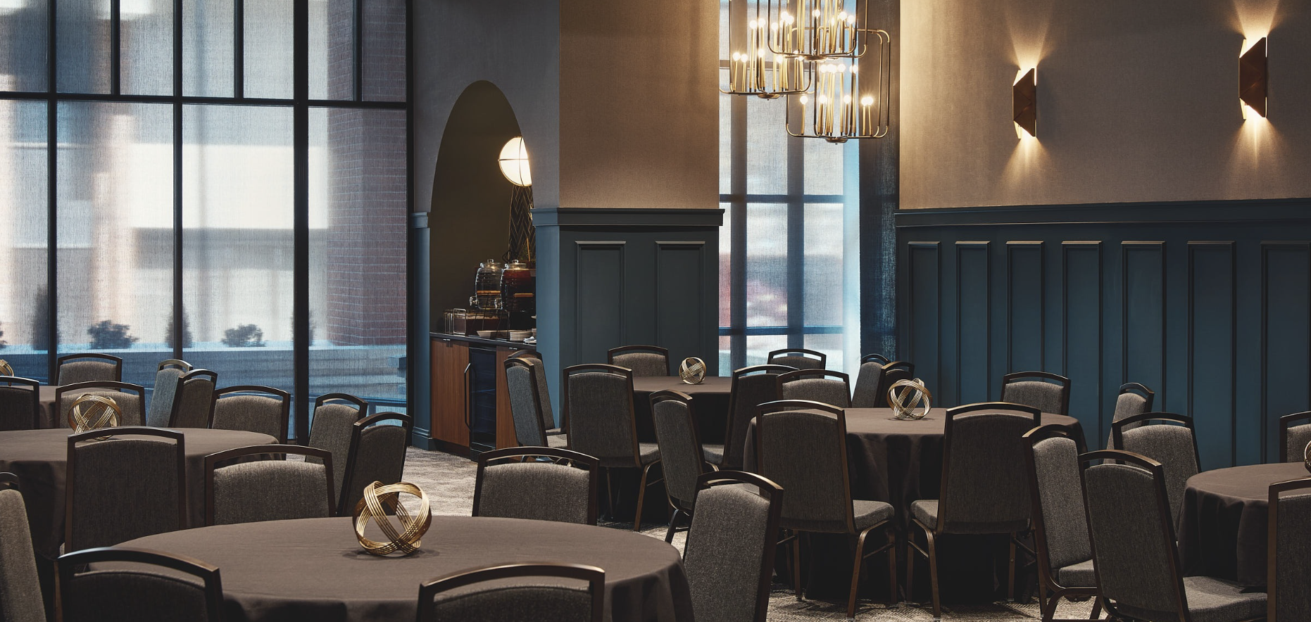 a room with tables and chairs