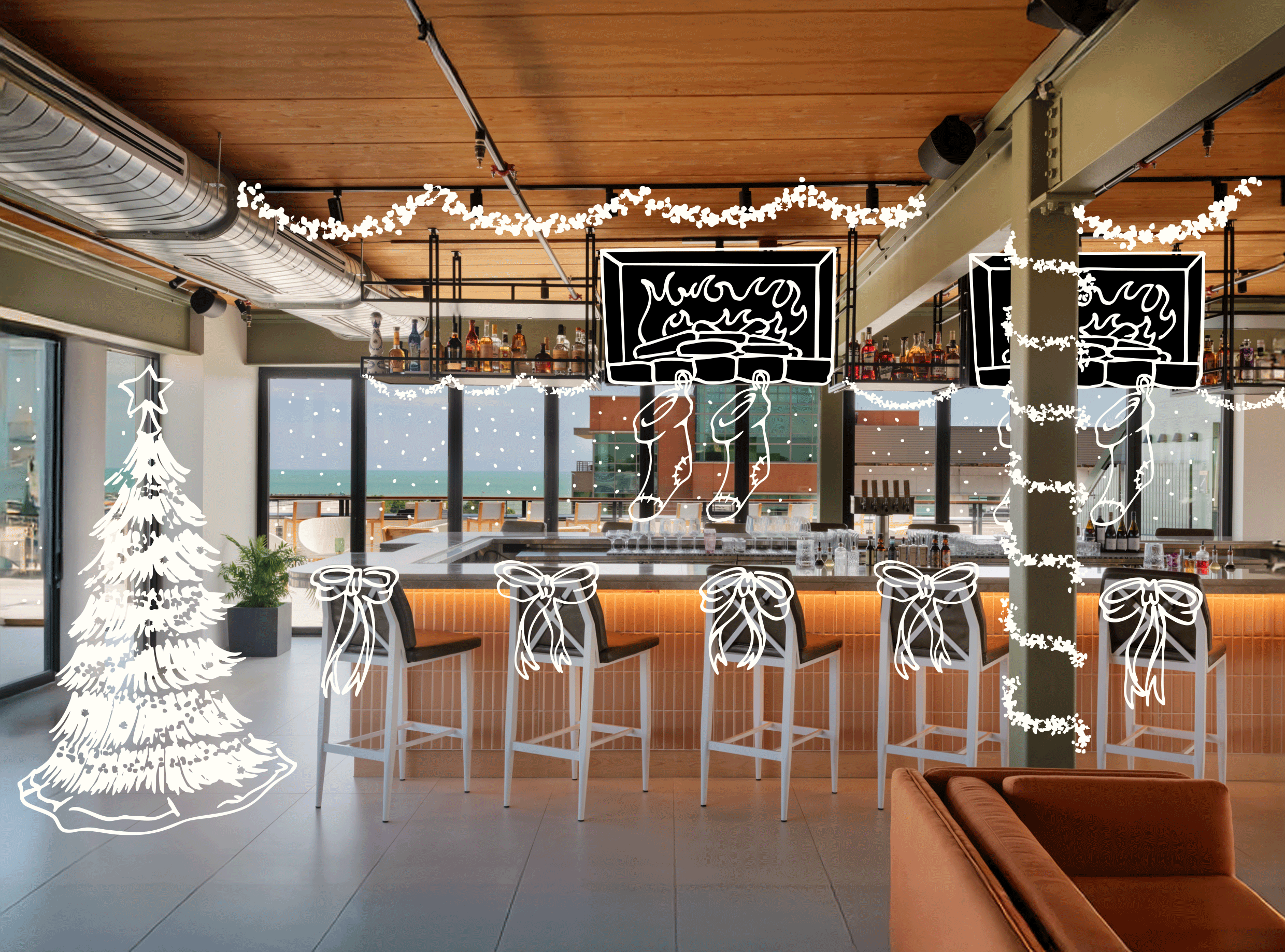 a room with bar and bar stools and lights