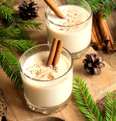 two glasses of white liquid with cinnamon sticks and pine branches