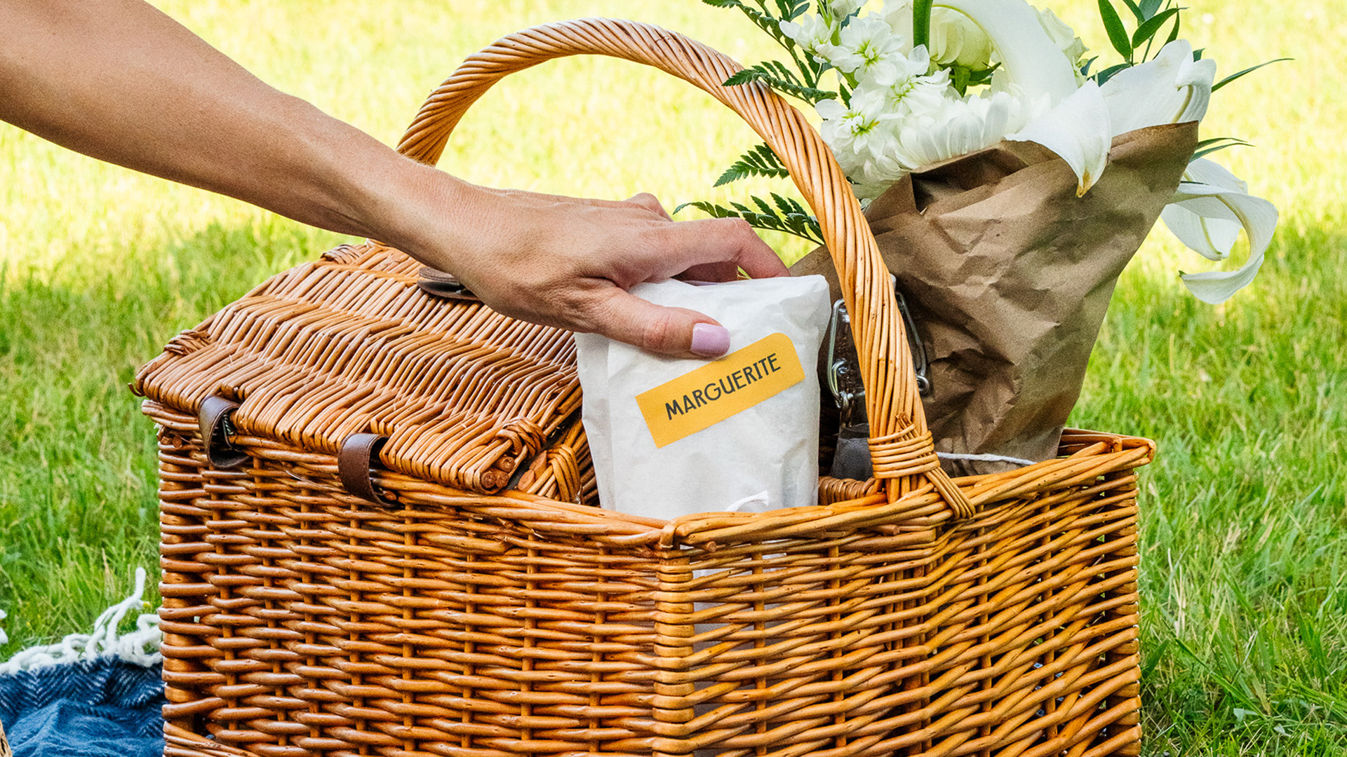 a hand holding a bag of food in a picnic basket