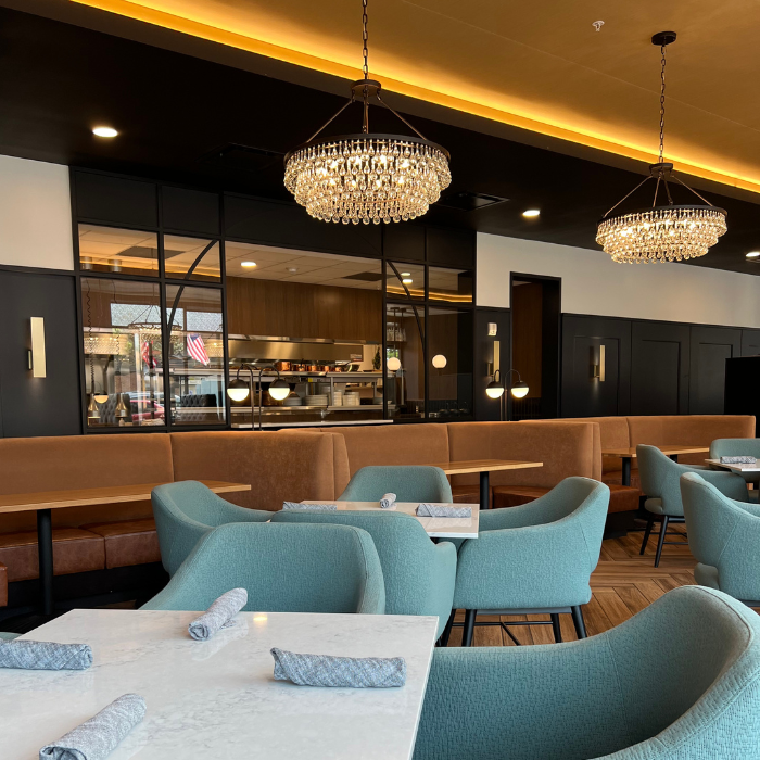 a room with tables and chairs