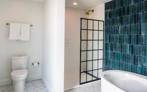 a bathroom with a tub toilet and shower