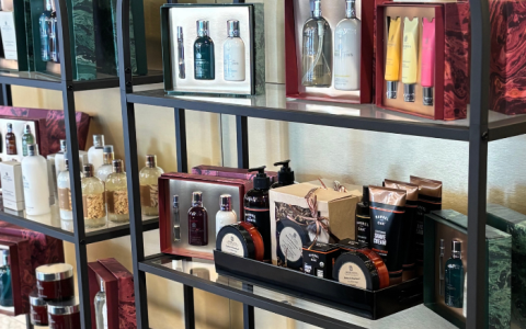 a shelf with different products on it