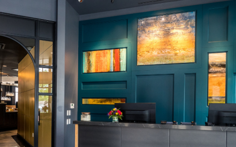 a reception desk in a hotel