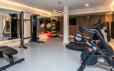 cable tower, treadmill, bike, bench