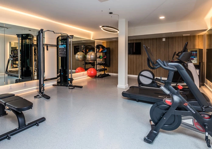 cable tower, treadmill, bike, bench