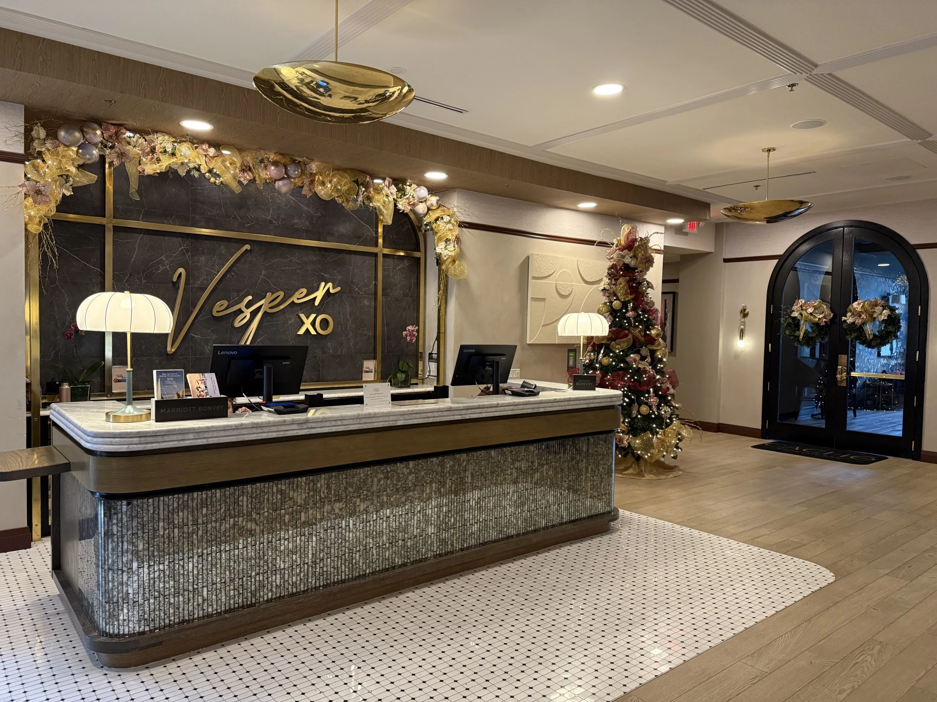 a reception desk in a hotel