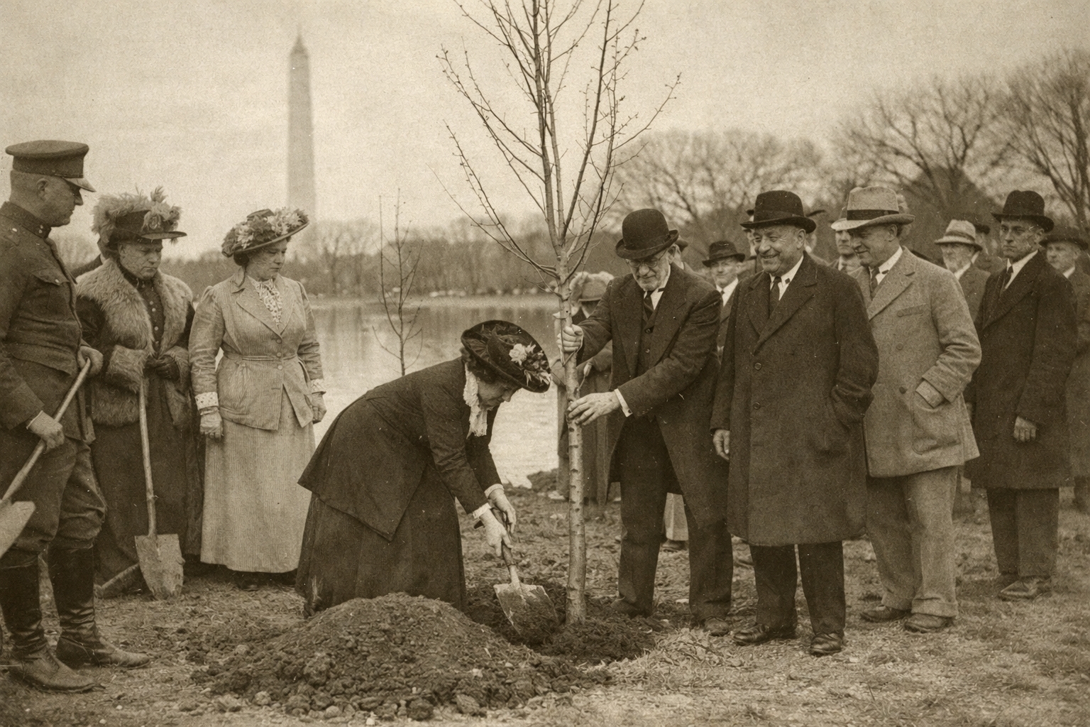 Historic 1912 cherry tree planting ceremony in Washington DC near the Tidal Basin with early cherry blossom saplings