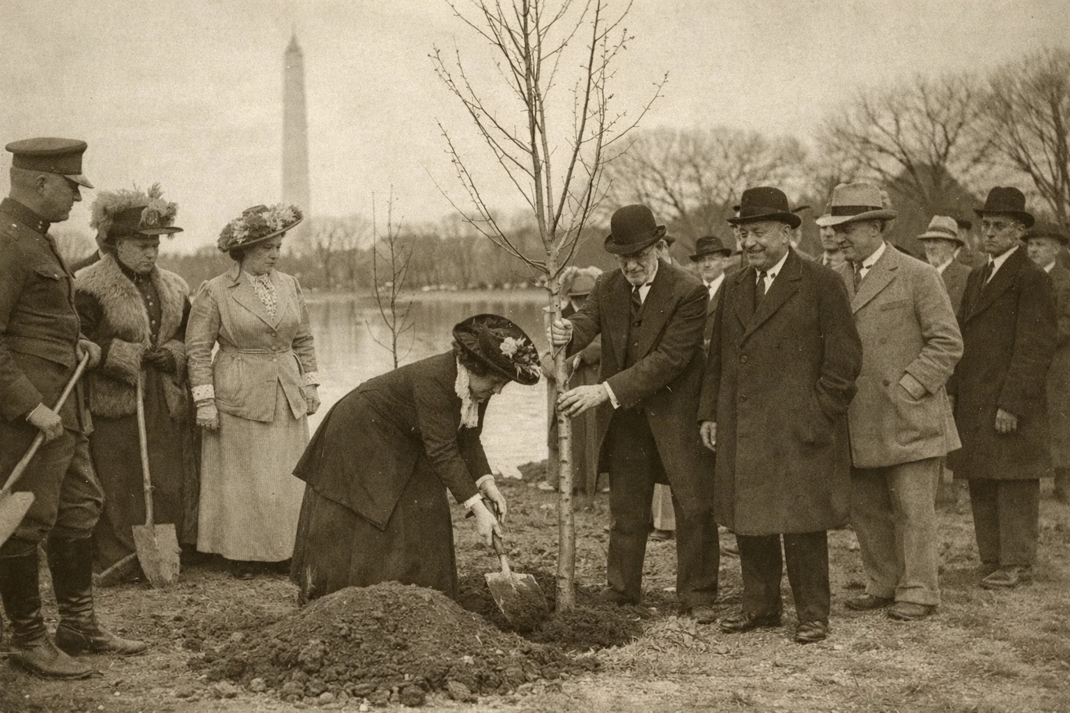 Historic 1912 cherry tree planting ceremony in Washington DC near the Tidal Basin with early cherry blossom saplings