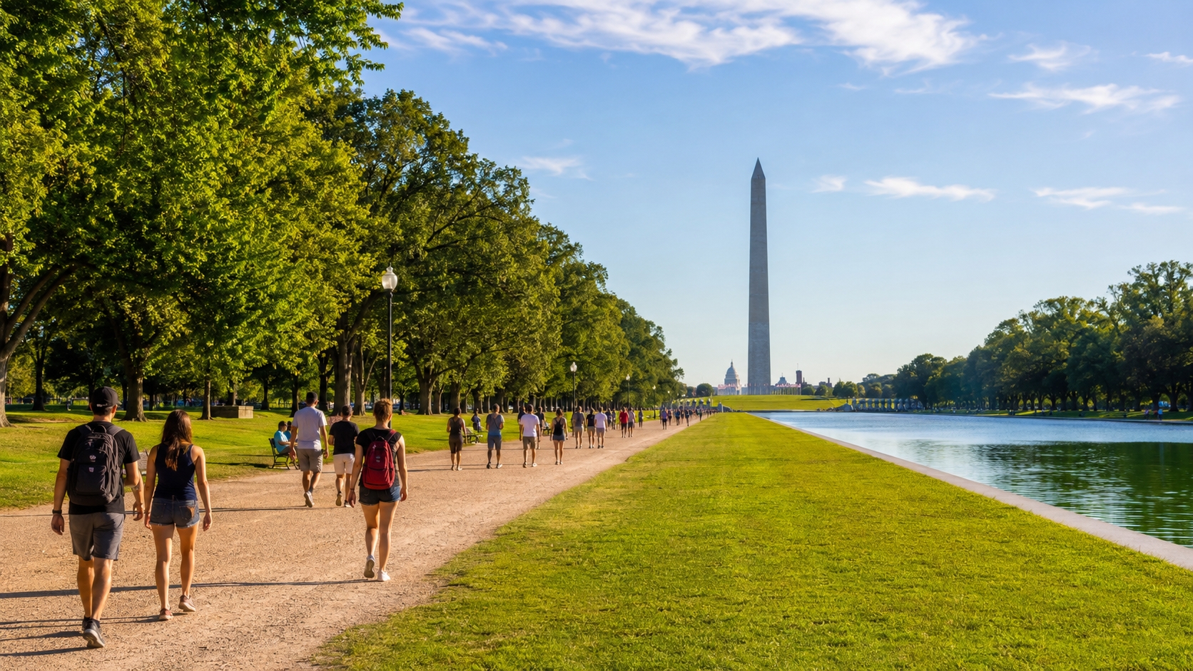 Summer view of the National Mall and Washington Monument for a 3-day Washington DC itinerary for first-time visitors