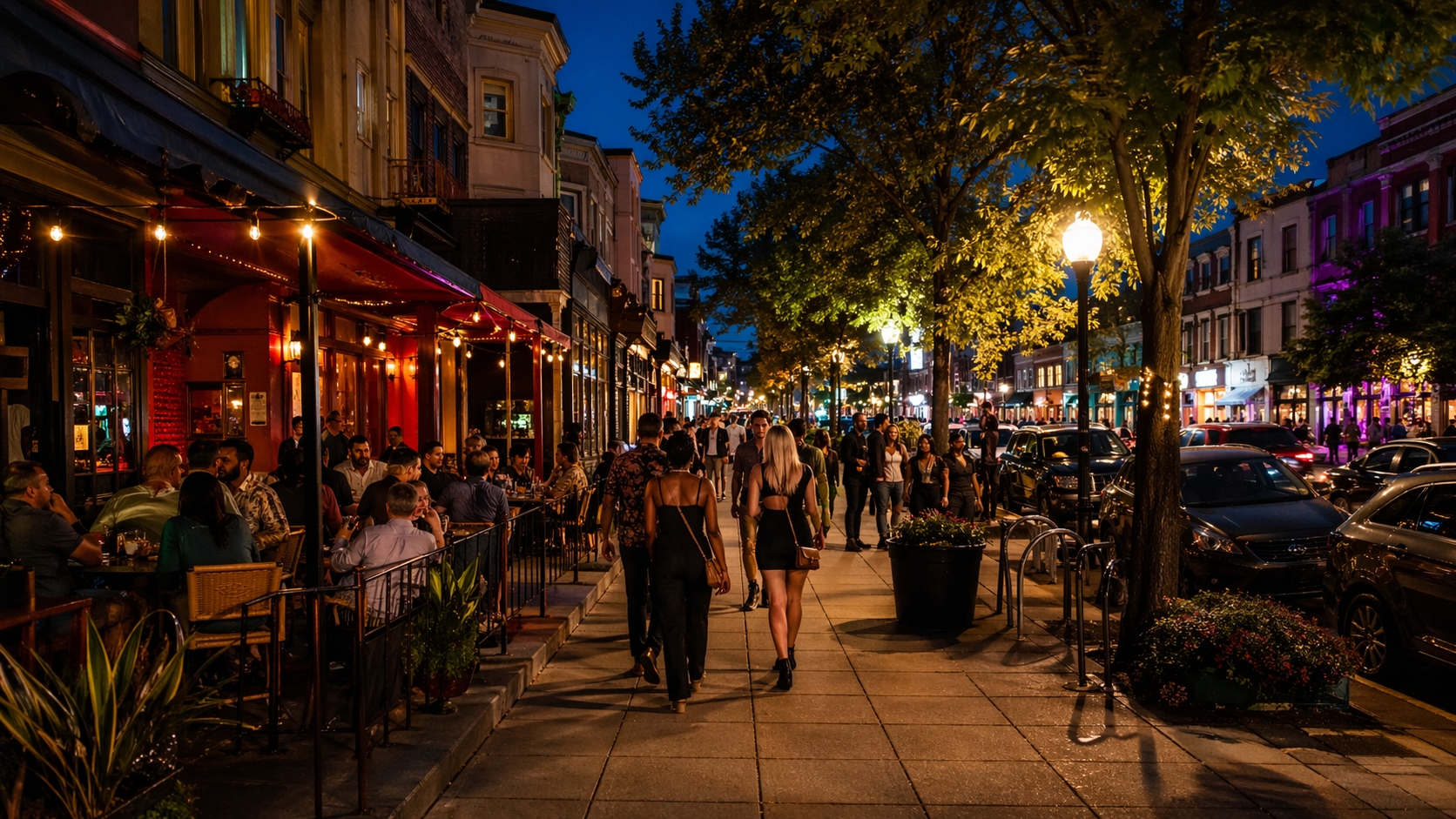 Evening street scene for Adam Morgan DC bars in Washington DC showing nightlife, patios, cocktail venues, and a walkable neighborhood atmosphere